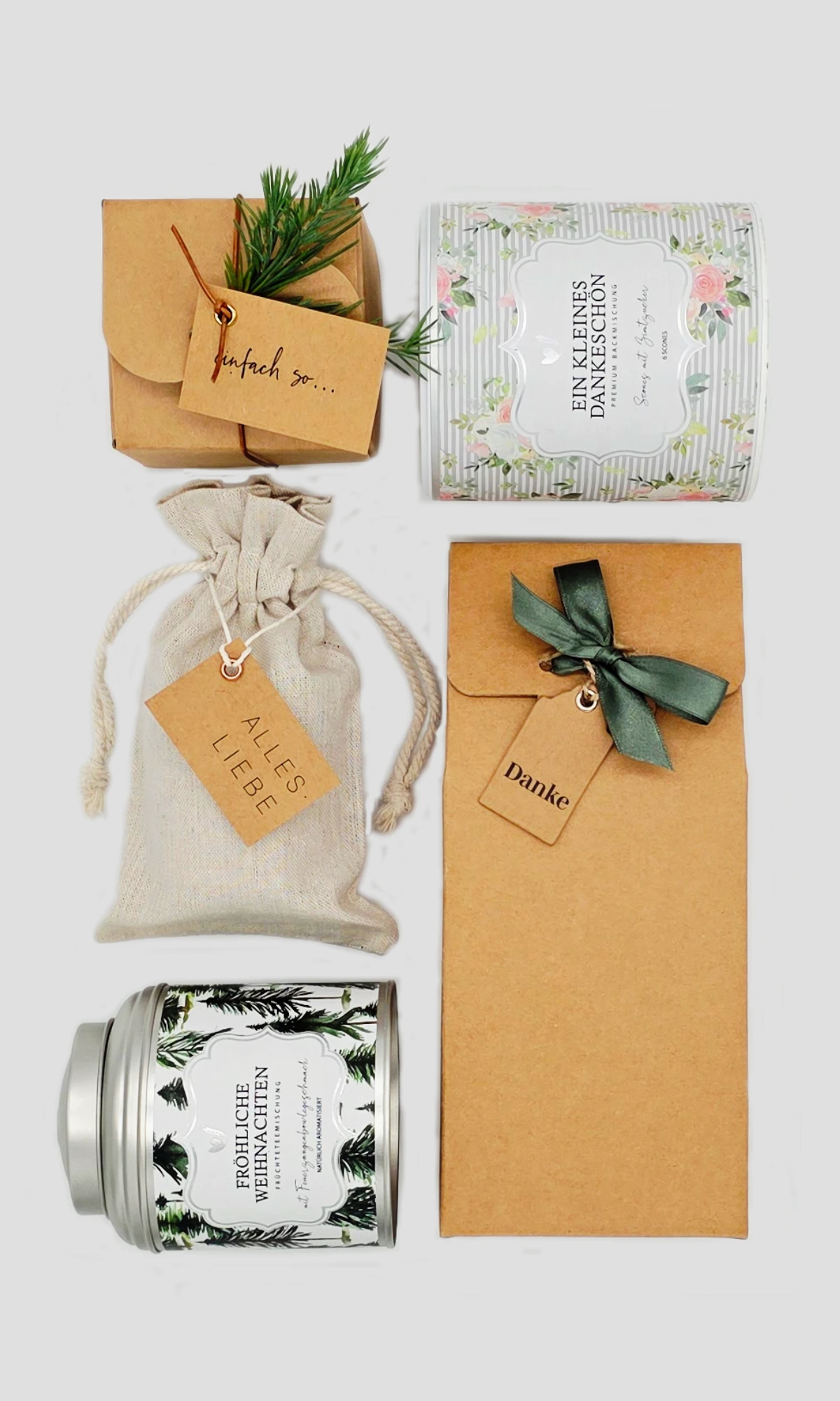 Kleine Dankeschön-Geschenke mit Tee, Stoffbeutel, liebevoller Verpackung und Botschaften wie „Einfach so“ und „Alles Liebe“ - Adam Geschenke
