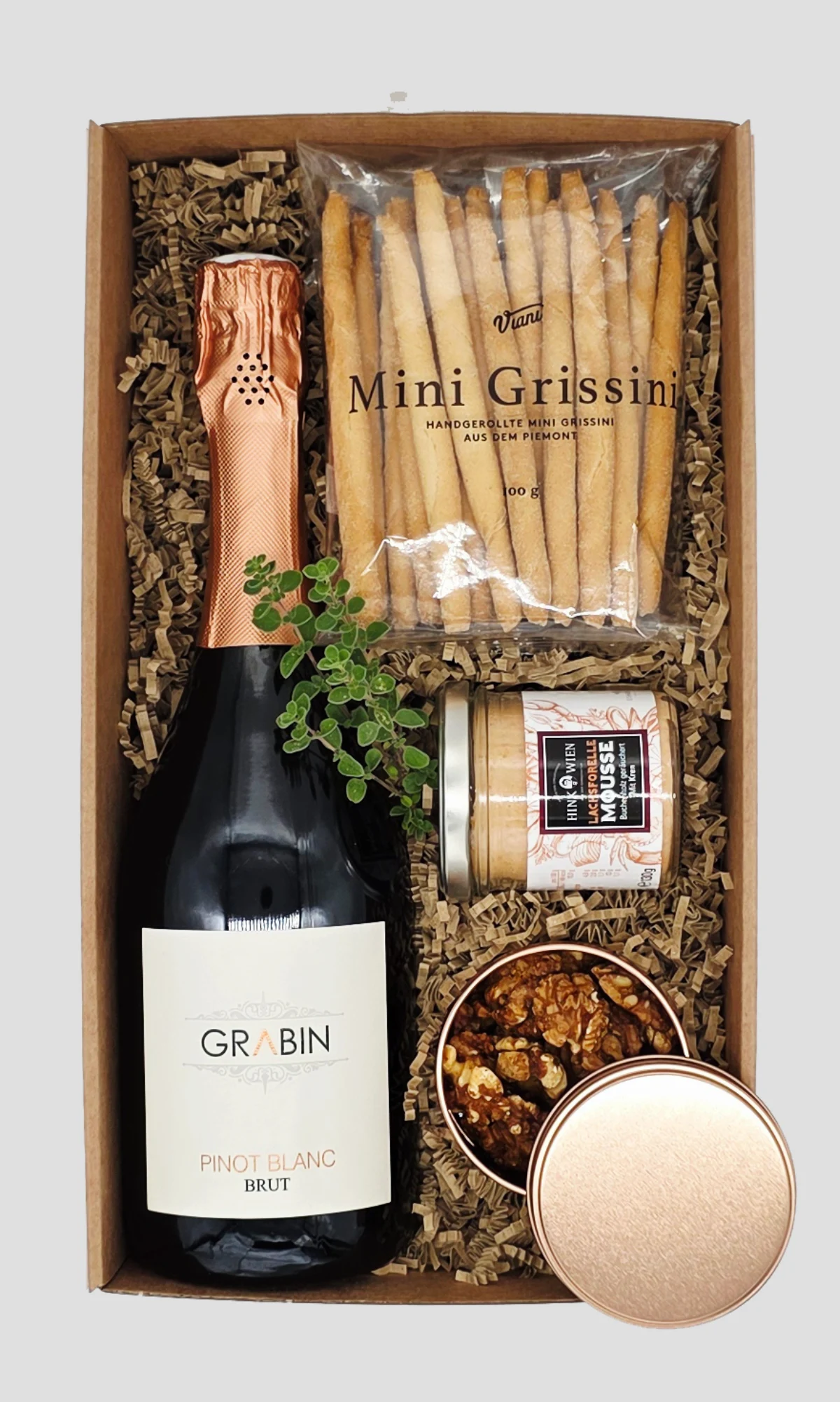 Hochwertiges Kundengeschenk mit Sekt, Mini-Grissini, Mousse und karamellisierten Nüssen in Geschenkbox - Adam Geschenke