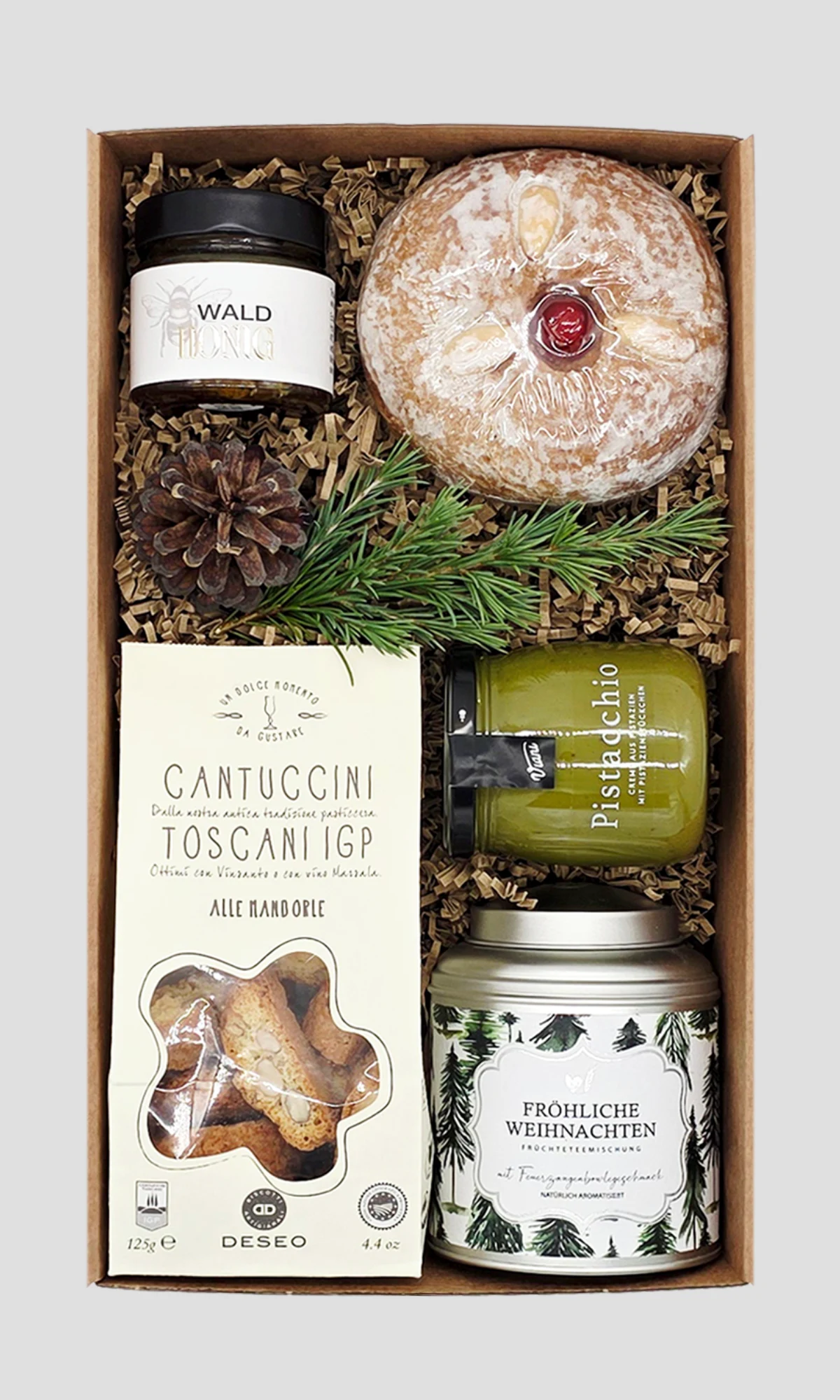 Weihnachtliches Geschenkset mit Cantuccini, Pistaziencreme, Früchtetee, Lebkuchen und Waldhonig – ideal als kulinarisches Kundengeschenk - Adam Geschenke