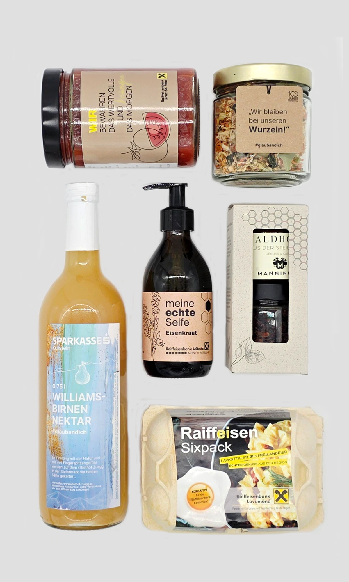 Geschenkset zum Weltspartag mit regionalen Produkten wie Williamsbirnen-Nektar, Tee, Seife und Lavantaler Bio-Eiern - Adam Geschenke