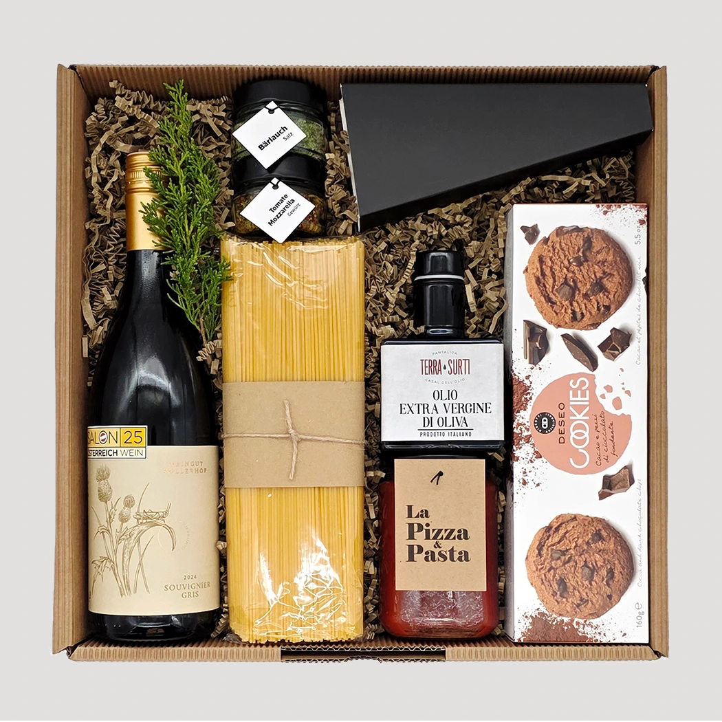 Gourmet Geschenkbox mit Pasta, Sauce, Cookies und Wein – Gaumengut Genusspaket von Adam Geschenke