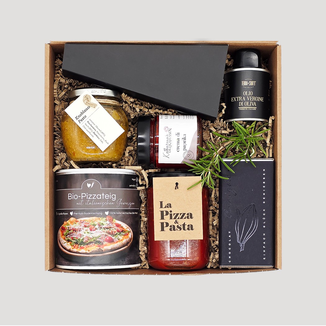 Pizza-Geschenkbox mit Tomatensauce, Öl, Gewürzen und Pizzazutaten – Pizzarella-Set für Pizzafans von Adam Geschenke