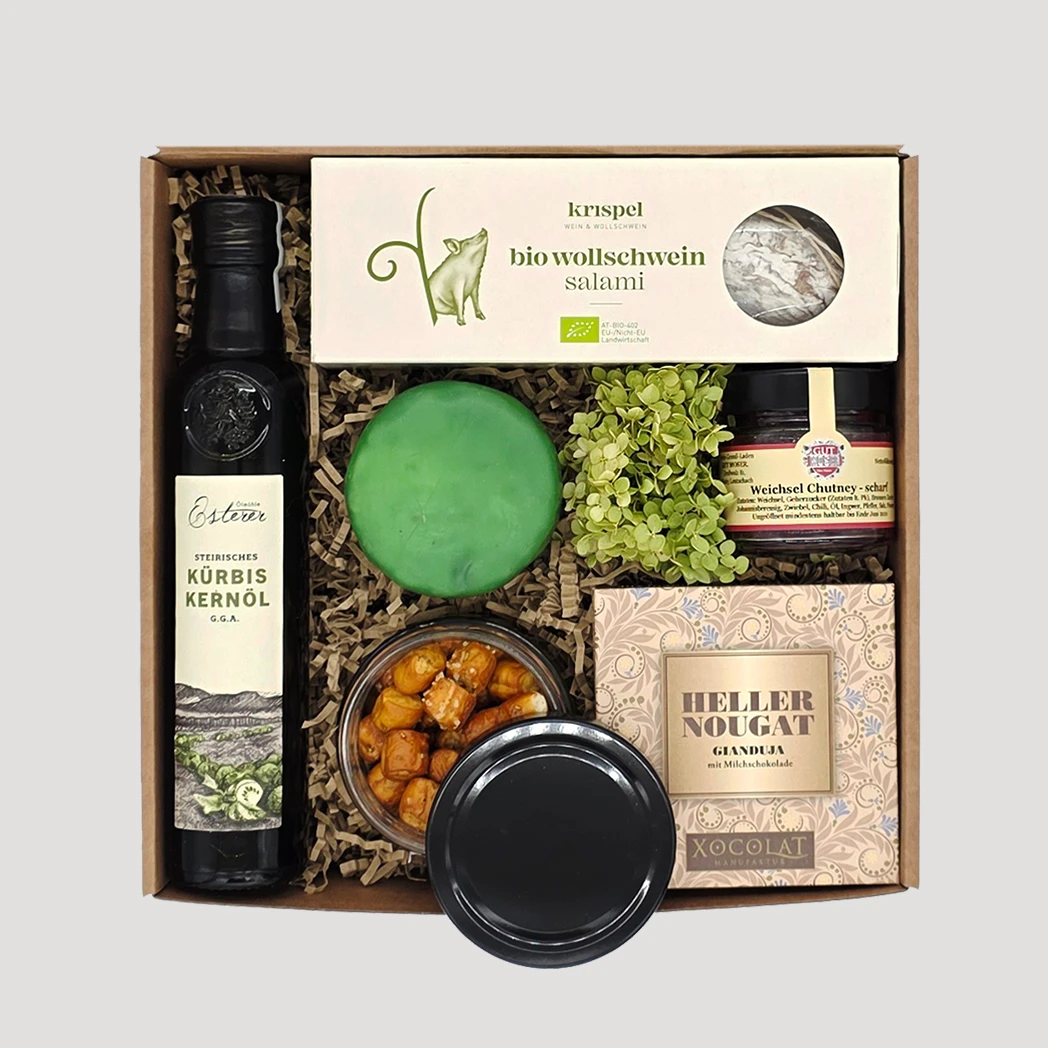 Veredelte Geschenkbox mit Olivenöl, Mandeln, Gewürzen und grüner Seife – stilvolles Feinkost- und Wellness-Präsent von Adam Geschenke