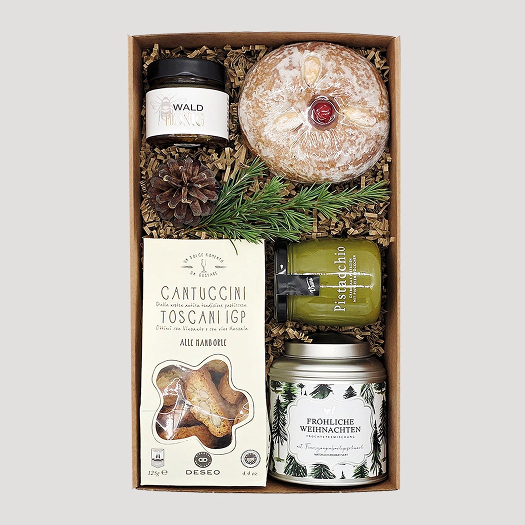 Weihnachts-Geschenkbox mit Stollen, Cantuccini, Honig und Aufstrich – festlicher Weihnachtszauber von Adam Geschenke